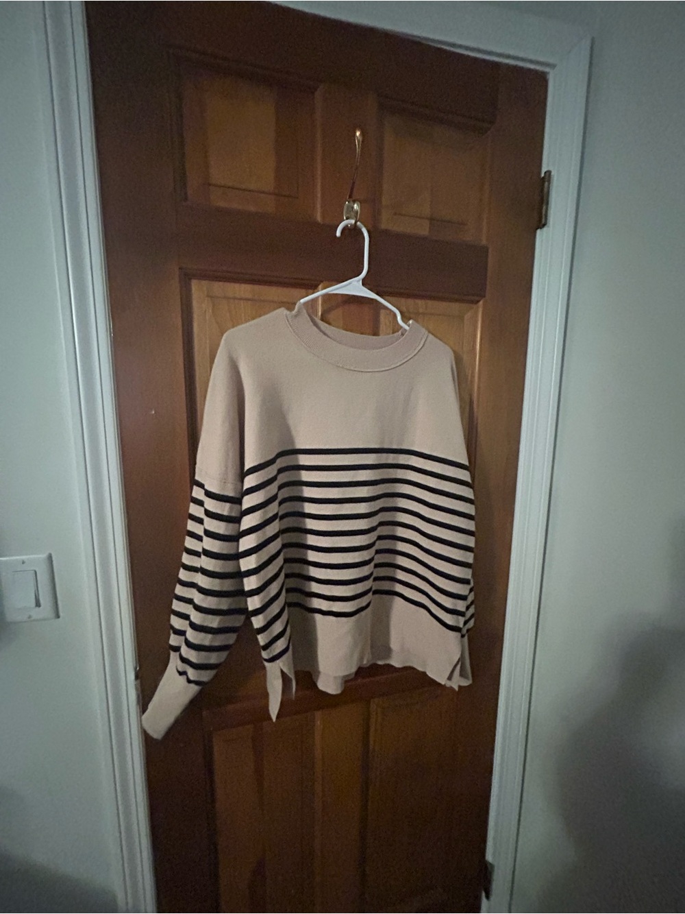 Amazon Beige and Black Striped Crewneck Sweater